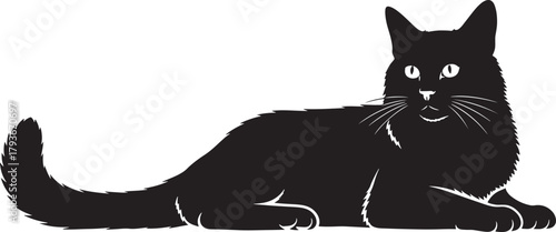 Black cat silhouette vector illustration, feline pet laying down with visible eyes and whiskers, isolated animal graphic design element for diverse projects