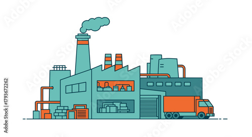 Modern industrial factory building illustration with truck and smokestack symbolizing manufacturing and logistics
