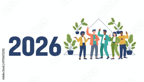 Diverse team celebrating business success and future goals for the year 2026