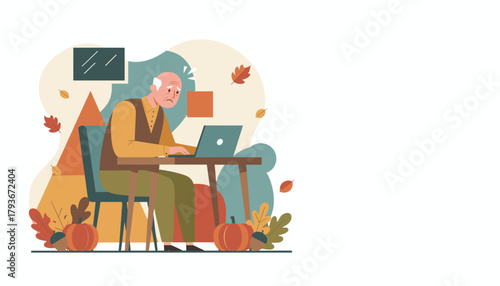 Confused senior man struggles with laptop technology Autumn digital literacy challenge