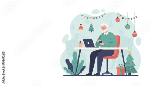 Senior man working remotely on a laptop and smartphone in a festive home office decorated for Christmas