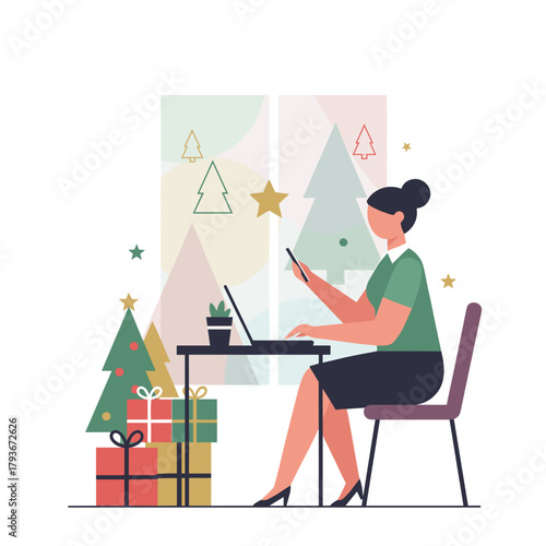 Remote work during Christmas Businesswoman multitasking with laptop and festive decorations
