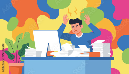 Angry man stressed by piles of paper at computer desk overwork and deadline pressure