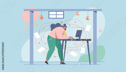 Overwhelmed worker dealing with chaotic deadlines and heavy workload Professional burnout concept