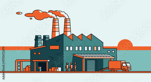Flat design factory building illustration with smoking smokestacks workers and a delivery truck