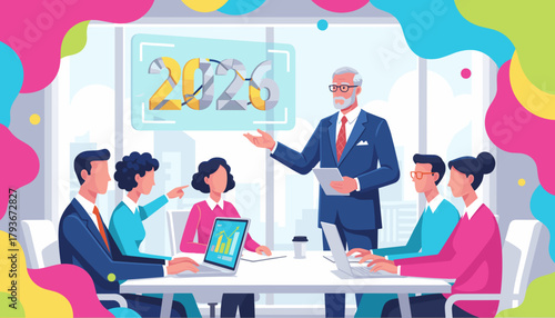 Senior leader presents 2026 business goals to a diverse team in a corporate office meeting