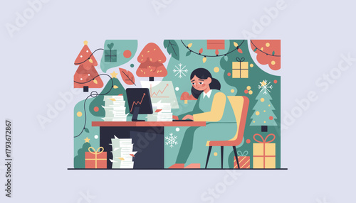 Overworked employee dealing with high workload and yearend deadlines amidst festive Christmas decorations