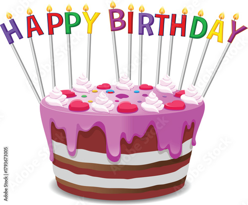 Celebration Birthday Cake with Colorful Candles and Decoration on White Background
