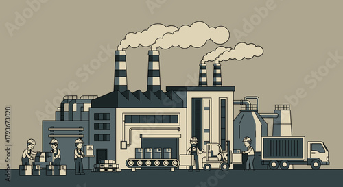 Factory and logistics illustration with workers loading goods conveyor truck and smokestacks