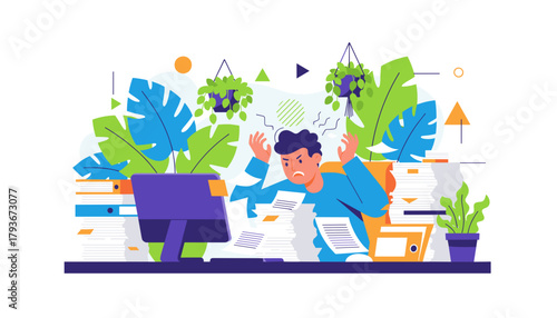 Overwhelmed employee drowning in paperwork and excessive office bureaucracy experiencing stress and burnout