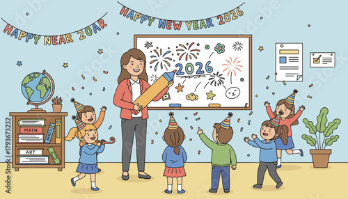 Teacher and children celebrate New Year 2026 in the classroom with party hats and fireworks illustration