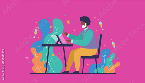 Man working remotely celebrating success with champagne and bright colors