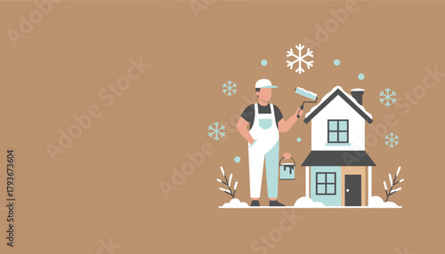 Worker painting exterior house walls during winter snow Home renovation services concept illustration