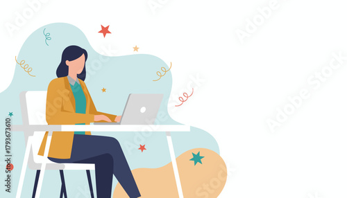 Businesswoman working happily on laptop with celebratory decorations Vector illustration