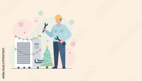 HVAC technician services equipment decorated with Christmas lights symbolizing holiday maintenance work
