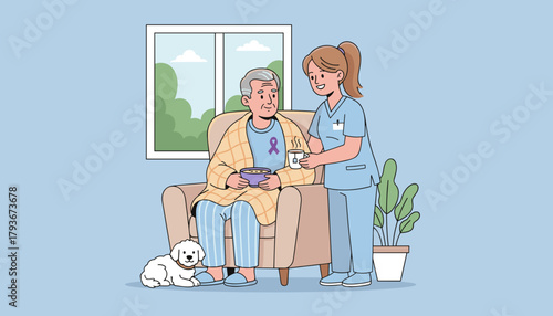 Compassionate nurse helps elderly man in armchair with food and tea senior care and health awareness