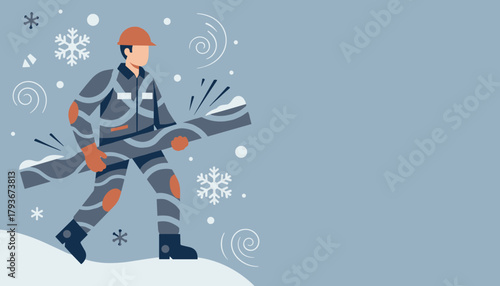 Worker in hard hat carrying material through the snow Winter construction and heavy labor concept