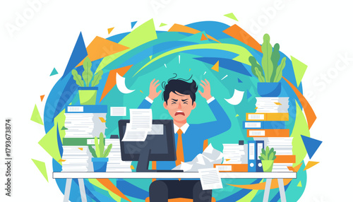 Businessman overwhelmed by paperwork and chaos illustrating work stress and deadline pressure