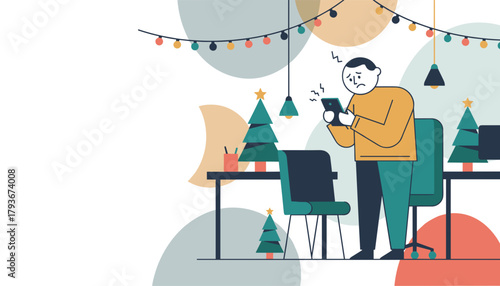 Stressed man checks his ringing phone in a festive office setting Holiday work stress and urgent communication