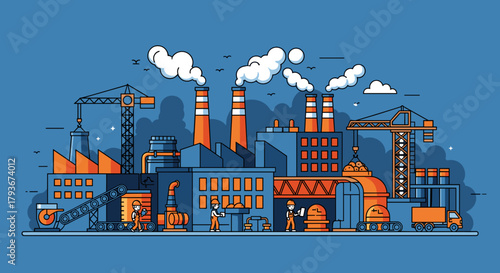 Industrial factory illustration heavy manufacturing workers buildings smokestacks and cranes