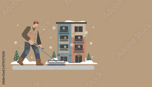 Illustration of a worker shoveling snow near residential apartments in the winter