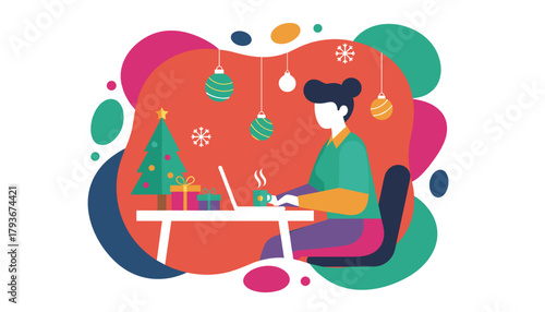Festive remote work Person uses a laptop surrounded by Christmas tree gifts and holiday decor