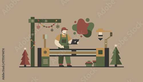Industrial worker managing holiday production on a machine decorated for Christmas