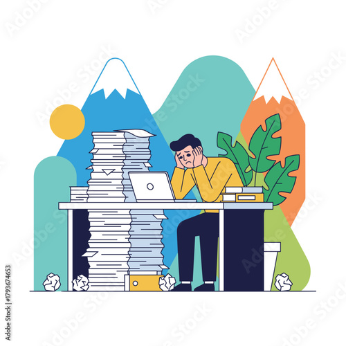 Overwhelmed worker faces massive document pile burnout and stress illustration