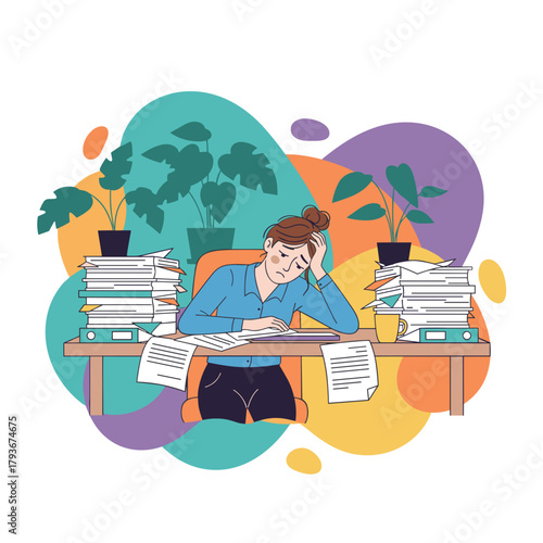Overworked employee suffering burnout at desk surrounded by excessive paperwork