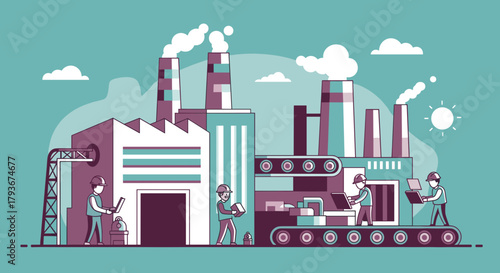 Factory production line illustration with workers automation conveyor belt and smokestacks