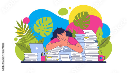 Overworked employee sleeping on massive paperwork piles Business burnout stress and fatigue concept