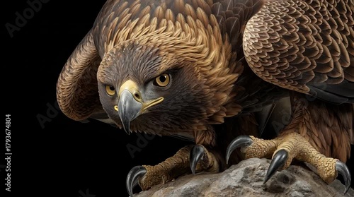 A golden eagle perched with open wings on a rock