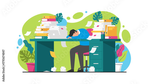Exhausted worker sleeping on desk piled high with paperwork Stress burnout and excessive workload concept