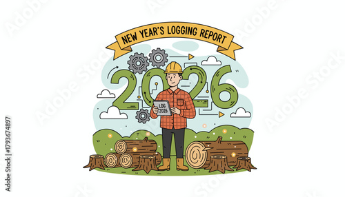 2026 New Years Logging Report Man in hard hat analyzes timber data Planning and industry