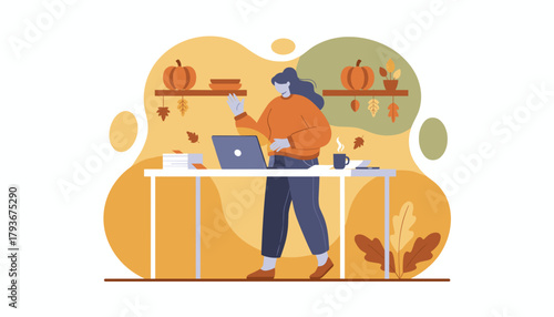 Woman working remotely on laptop in a cozy autumnthemed home office environment