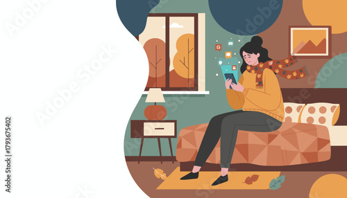 Stressed woman checking social media on phone in a cozy autumn bedroom dealing with digital overload
