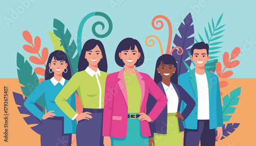 Diverse team of professionals smiling in colorful blazers against a stylized botanical background