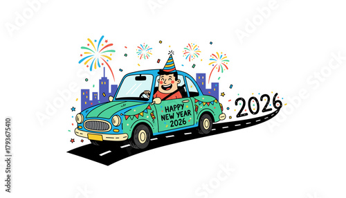 Happy New Year 2026 Festive driver moving toward the future in a decorated car against a cityscape