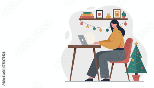 Woman working remotely on a laptop in a festive Christmasdecorated home office