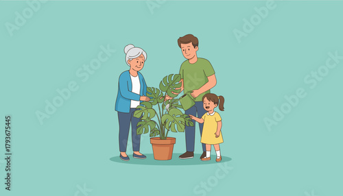 Three generations happily care for a Monstera plant Family bonding hobby and sustainability concept