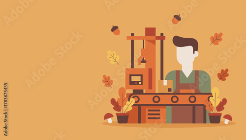 Autumn production line worker packaging goods with fall harvest elements Flat industrial illustration