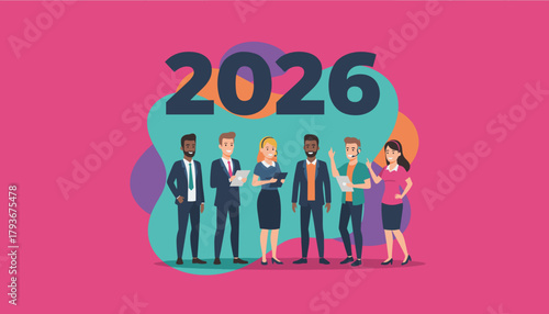 Diverse business professionals standing beneath 2026 representing future vision and partnership