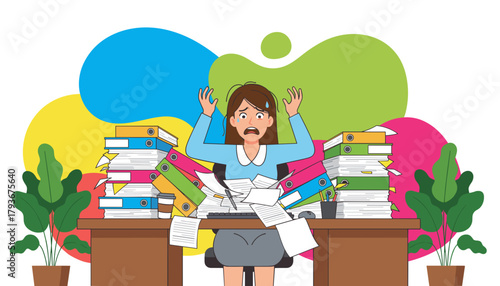 Panicked employee buried in paperwork illustrating job burnout stress and excessive workload
