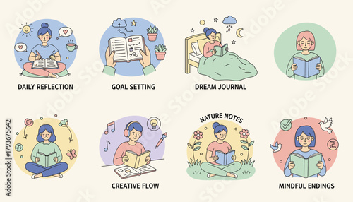 Daily selfcare habits set goals reflect write notes and enjoy mindful reading Vector illustrations