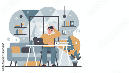 Stressed man working on laptop in decorated home office during winter holidays