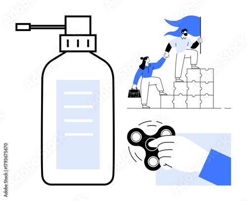 Pump bottle, hand using fidget spinner for focus, team assisting each other to reach goals with flag on puzzle blocks. Ideal for teamwork, leadership, hygiene, productivity, stress management