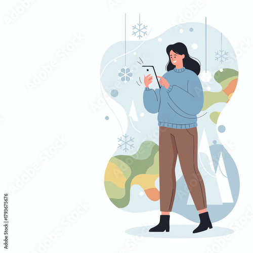 Woman uses tablet in stylized winter mountain setting Technology communication and winter concept