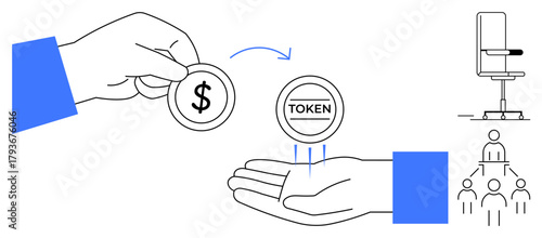Hands exchanging a dollar coin for a token with arrows, complemented by a chair and team hierarchy. Ideal for finance, cryptocurrency, transactions, teamwork, leadership, decision-making, simple flat