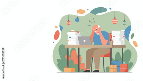 Elderly businessman overwhelmed by yearend work deadlines and holiday stress