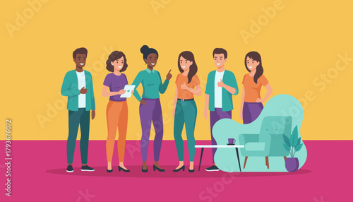 Diverse team collaborating successfully in a casual office setting Group partnership and corporate success